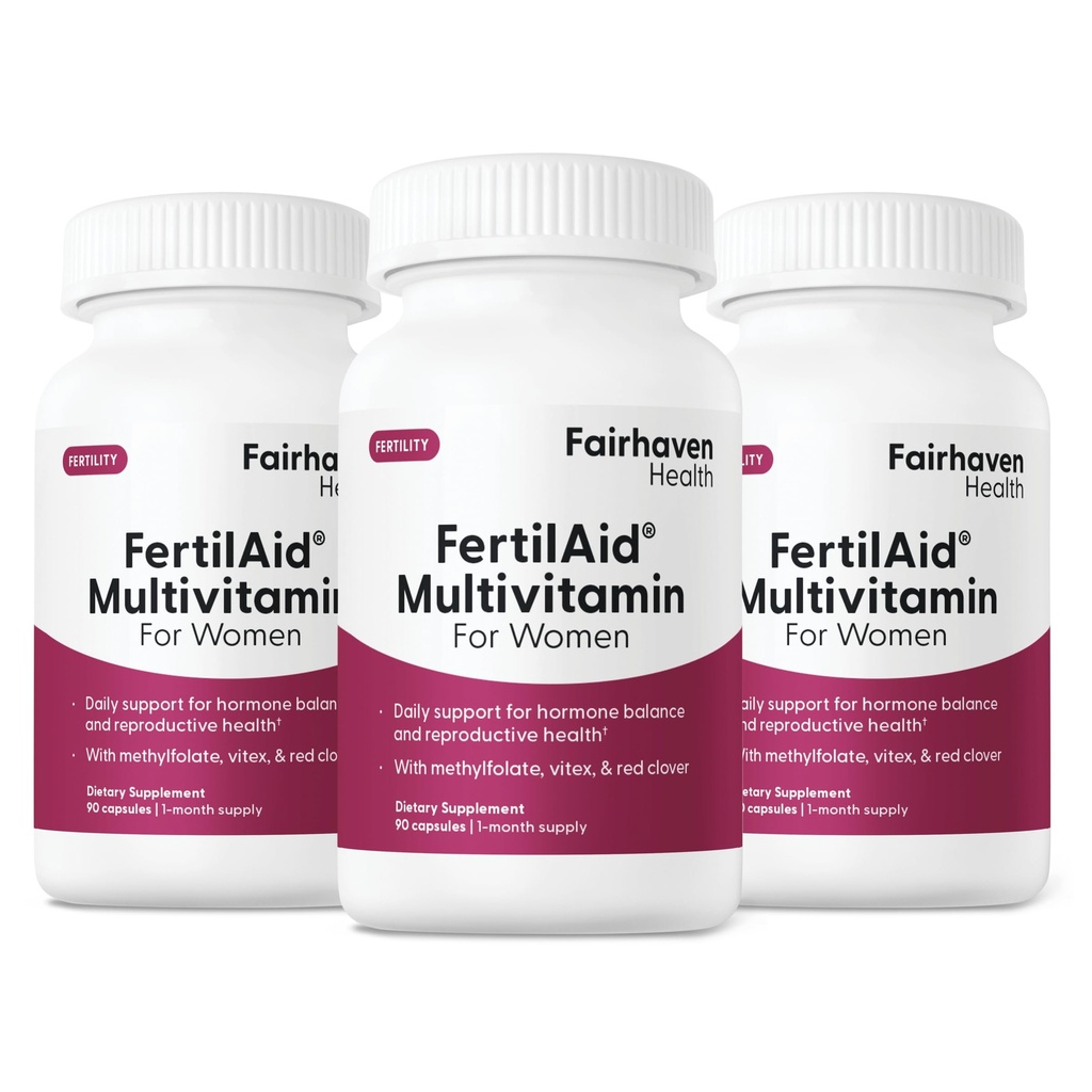 Fairhaven Health FertilAid for Women ← Vitamina Prenatal Suplementos de Fertilidad para Mujeres TENIDO Concepción para Ella con Vitex y Folate TENIDO Apoyo Ciclo Regularidad y Ovulación* TENIDO 270 cápsulas