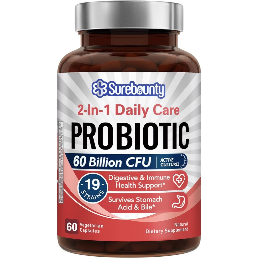 Probióticos 60 Billones CFU 19 Strains for Men &amp; Women, con 100 mg de Prebiótico, Estante Stable, 2 en-1 Daily Care Probiotic, Non-GMO, Digestive & Immune Health, 60 cápsulas vegetarianas