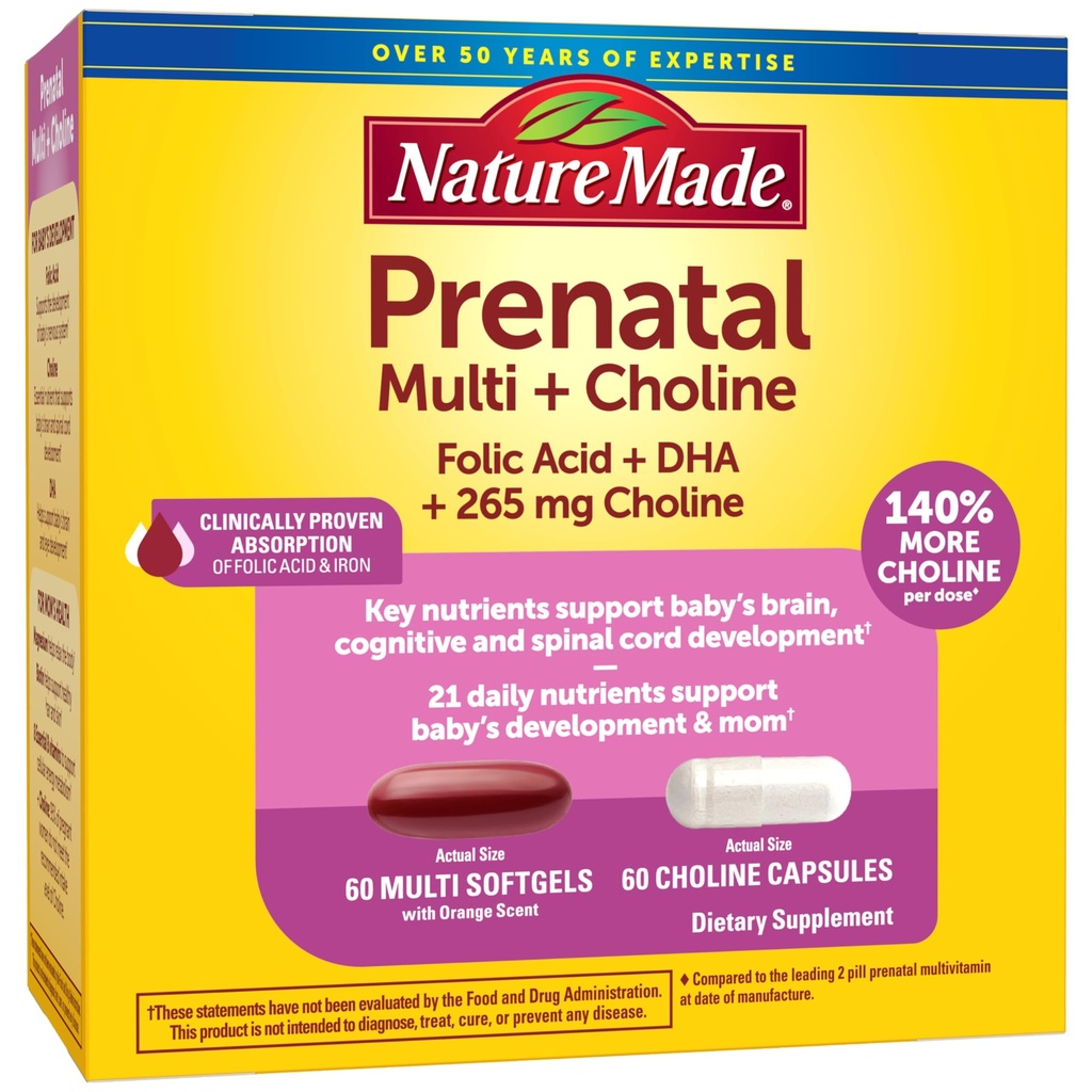 Nature Made Prenatal Vitamin Softgels + Choline Capsules, Folic Acid + DHA + Choline, 60 Vitaminas Prenatales para Mujeres, 60 Suplementos de Choline Capsules, 60 Day Supply