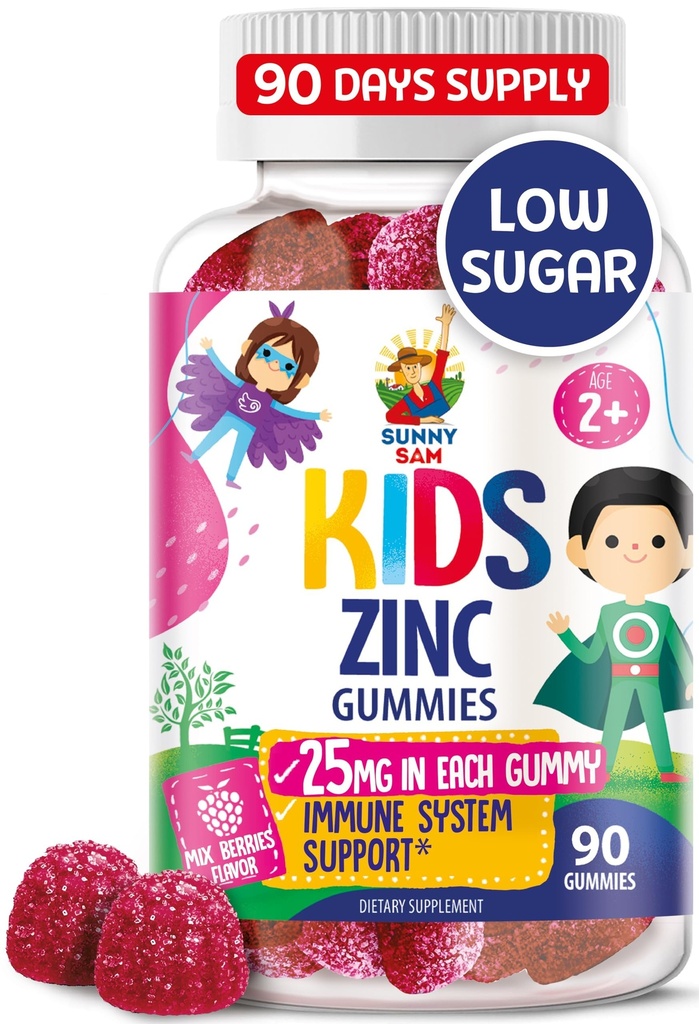 Zinc Gummies para niños - Chewable Zinc Gummy Suplemento para niños Immune Support - Bajo Azúcar Natural Antioxidante No GMO Vitamina Chewables para niños pequeños y adolescentes - 90 Gummies