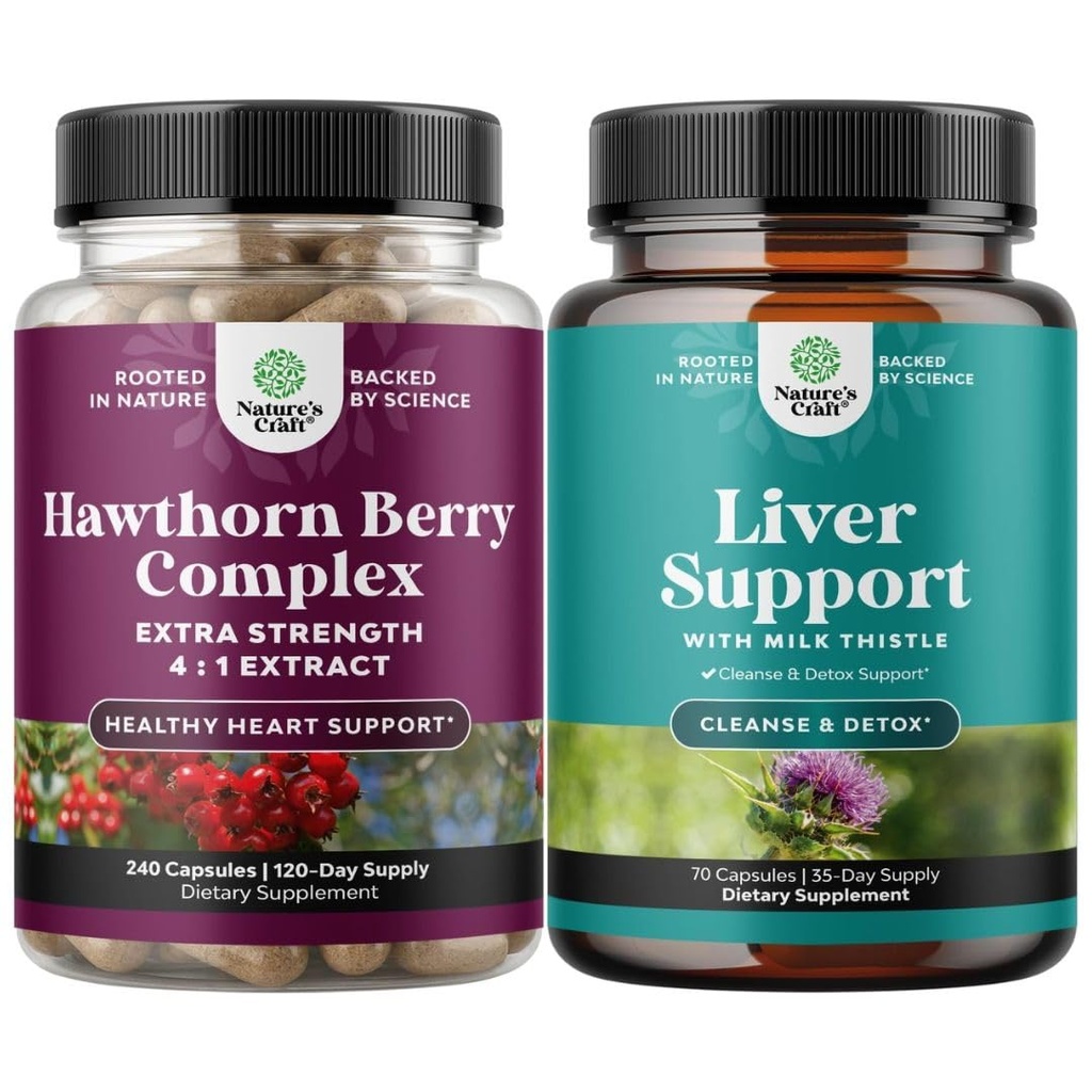 Bundle of Extra Strength Hawthorn Berry Capsules - Extract Digestion and Heart Health Supplement and Liver Cleanse and Detox " Repair Formula - Herbal Liver Support Supplement
