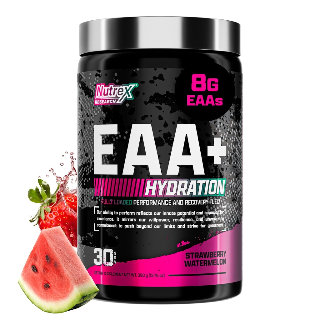 Nutrex Research EAA Hydration ← EAAs + BCAA Powder  durable Muscle Recovery, Strength, Muscle Building, Endurance ⋅ 8G Essential Amino Acids + Electrolytes  durable Strawberry Watermelon 30 Serving