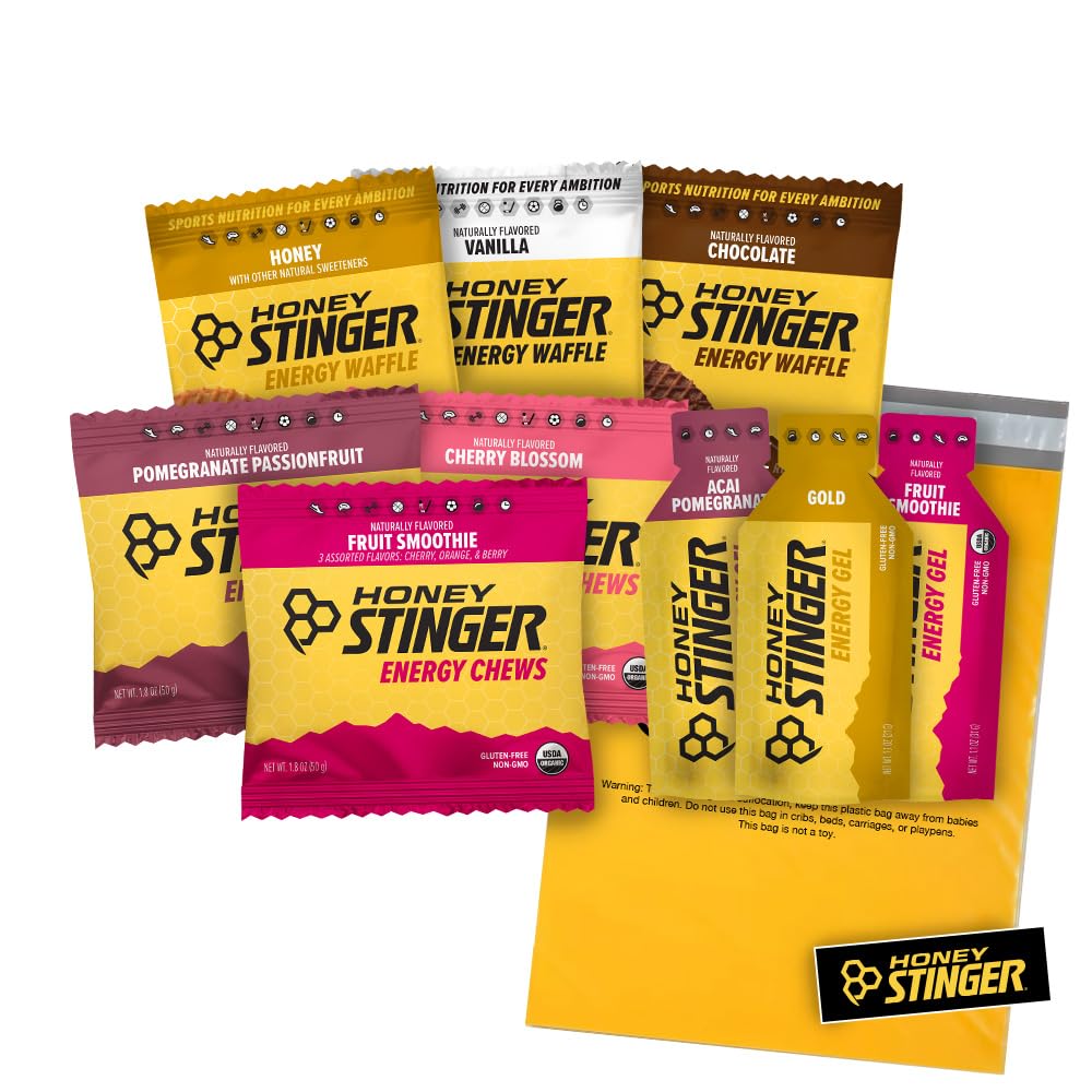 Honey Stinger Training Kit – 9 Conde Plus Pegatina y Polybag – Fuente de energía para cualquier actividad – 3 Waffles orgánicos, 3 Packs de Chews energéticos & 3 Gels de energía