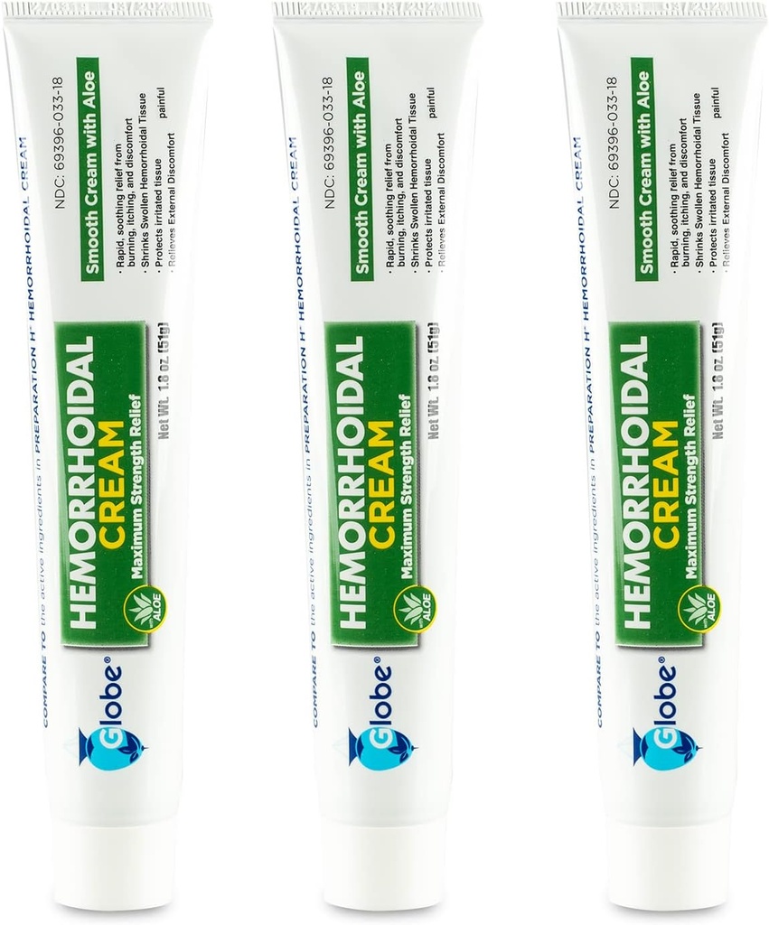 Globe (3 Pack) Hemorrhoid Cream, Relief with Aloe, (1.8 Ounce Tube) Relief from Hemorrhoids, Piles, Itching, Burning, Discomfort, >