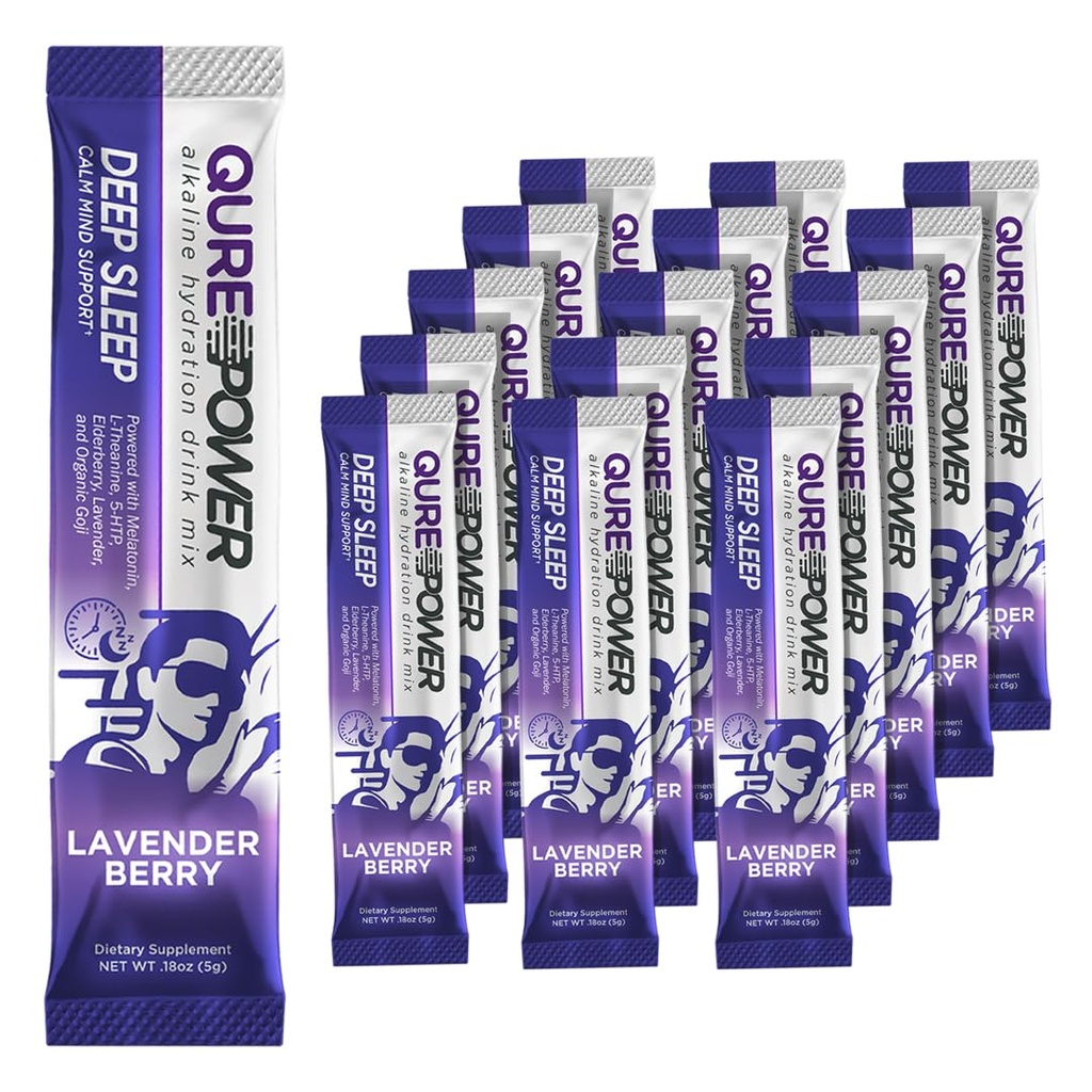 QURE Deep Sleep Aid Drink Mix w/ 5mg Melatonin & L-Theanine for Stress Relief Silencio Non - Habit Forming Magnesium & 5 - HTP Powder  durable Alkaline Hydration  15 Sticks (1 Box)