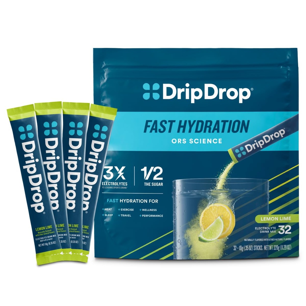 DripDrop Hydration Packets - Lime de limón - Single Serve Electrolytes Powder Drink Mix - Non-GMO, Gluten Free, Vegan - 32 Sticks