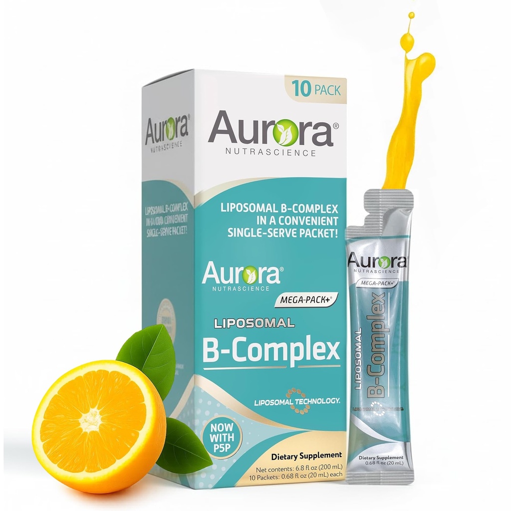Aurora Nutrascience Mega-Liposomal B-Complex + Vitamina C, Soporta Energía, Immune & Nervous System Health, Gluten Free, Non-GMO, Libre de Azúcar, Orange Flavor, 10 Single Serve Packets