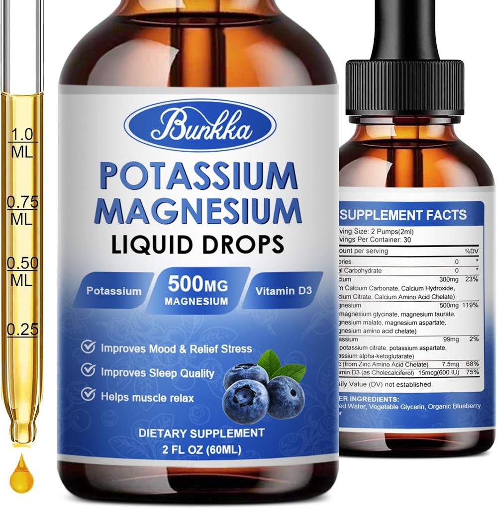 Suplemento de magnesio de potasio - Alta Absorción Complejo de magnesio 500mg & Potasio 99mg Plus Calcio, Vitamina D3, Zinc, Sugar Free Drops Suplemento para cáscaras, Energía, Metabolismo(Blueberry)
