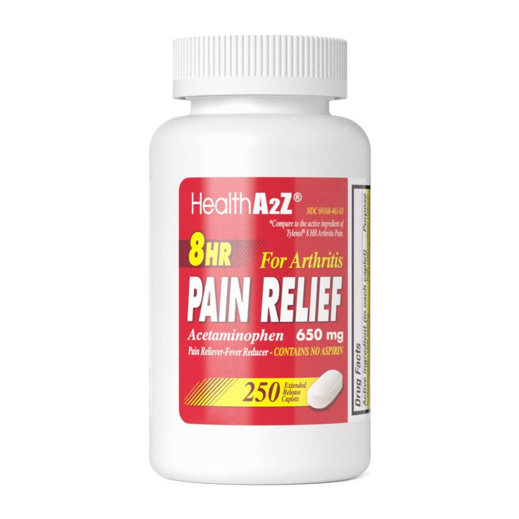 HealthA2Z® Pain Relief Extended Release ← Acetaminophen 650mg Silencio 8 horas Silencio Arthiritis Dolor Silencioso Dolor Relieve de Dolor - Fever Reducer Silencio Contiene no Aspirin Silencio (250 Caplets)