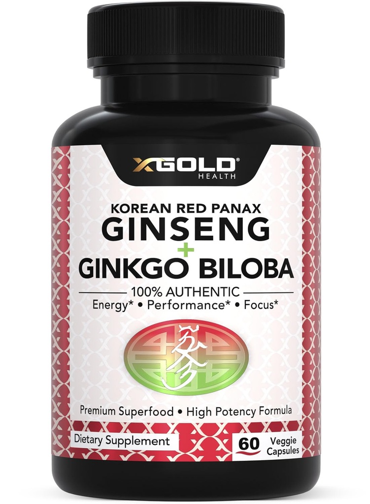 Coreano Panax Ginseng 1200mg + Ginkgo Biloba - Extra Strength Root Extract Powder Suplemento w/High Ginsenosides Vegan Capsules for Energy, Performance & Focus - Suplemento para Hombres y Mujeres