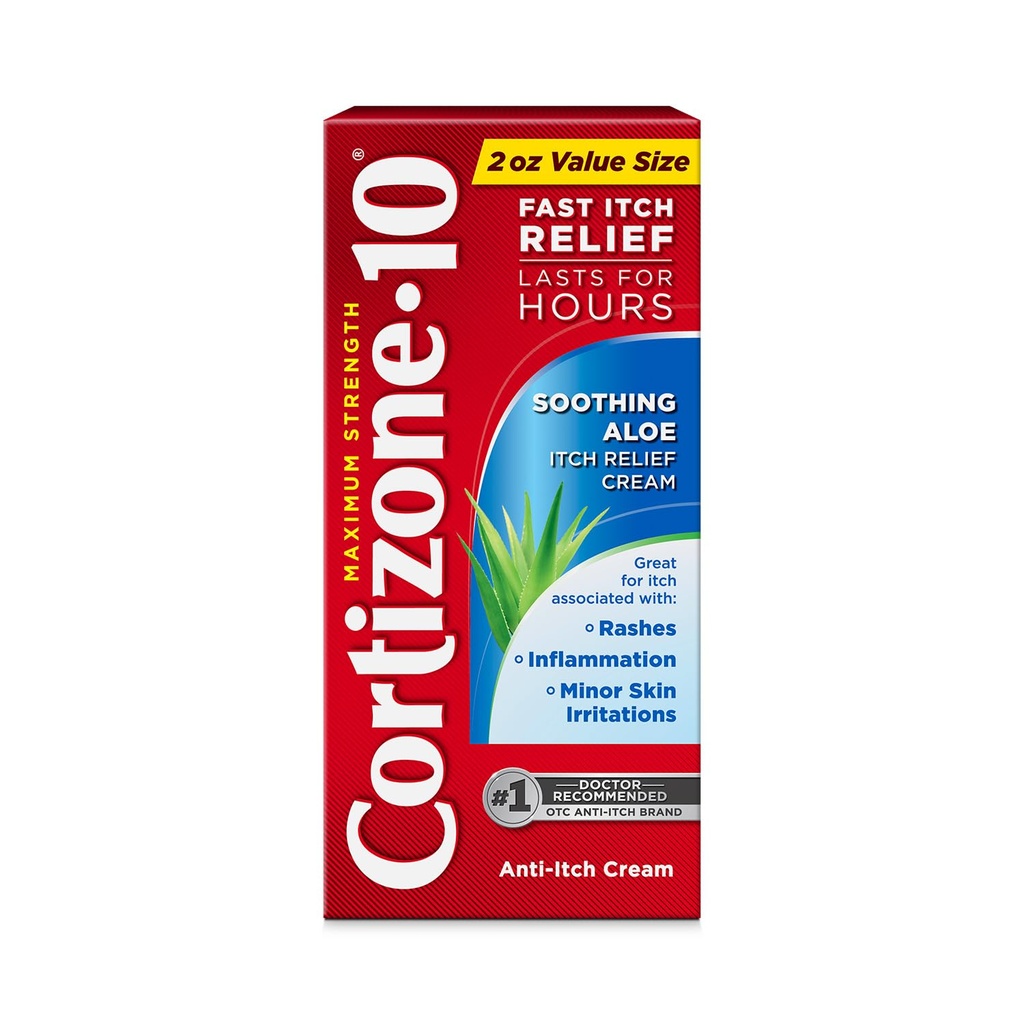 Cortizone-10 Crema de Alivio de Itch Aloe Máximo Strength, 1% Hidrocortisona, Acción rápida, Crema Anti Itch para Bites de Bug, Rash, Eczema, Psoriasis, Poison Ivy, Oak, Sumac &amp; More, 2 oz