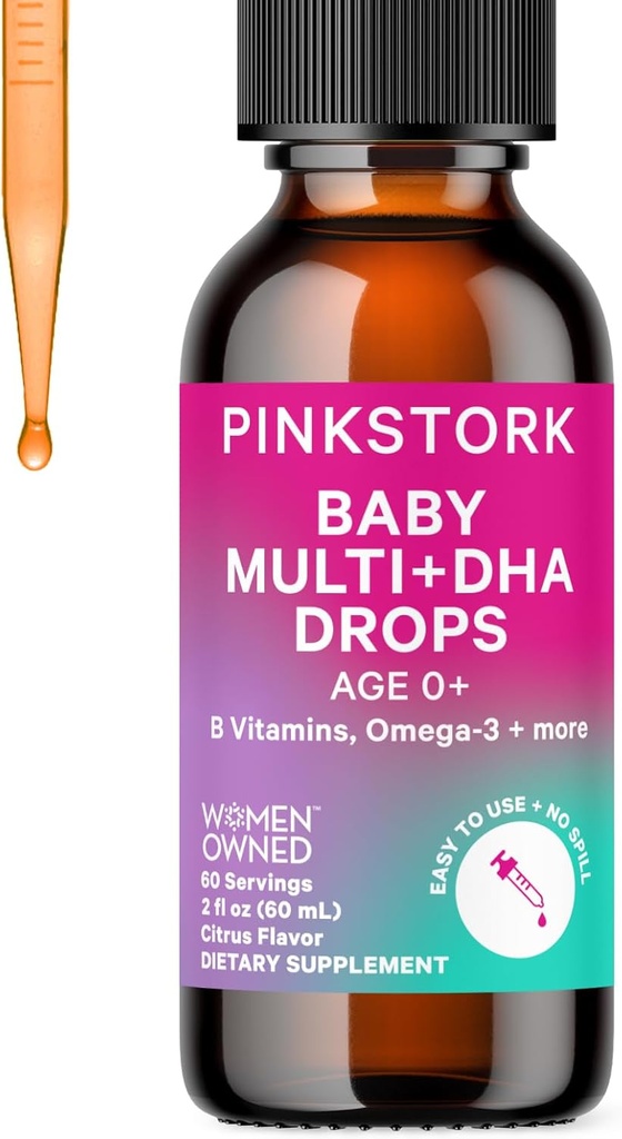 gotas multivitamínicas para bebés, gotas de vitaminas para bebés y niños pequeños con DHA, vitamina C, D, B12 y Choline para apoyar la salud cerebral y la función de inmunodeficiencia - 2 fl oz, 2 Month Supply
