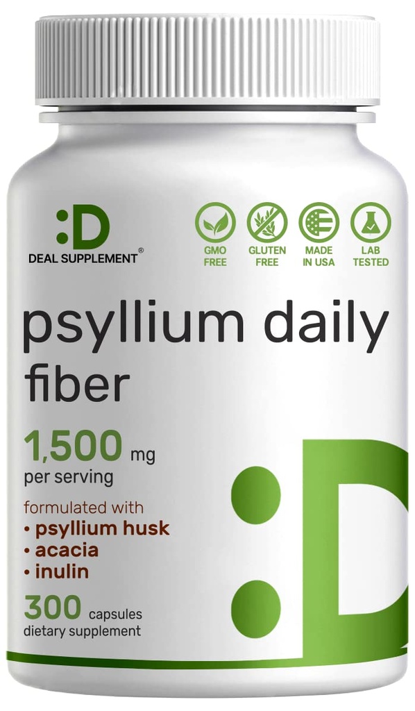 Psyllium Husk 1500mg Por Serving, 300 cápsulas – 3 en 1 Suplemento de fibra con Complejo Inulin & Acacia – Fibra Soluble Natural, soporta Salud Digestiva – Planta Basada, No GMO
