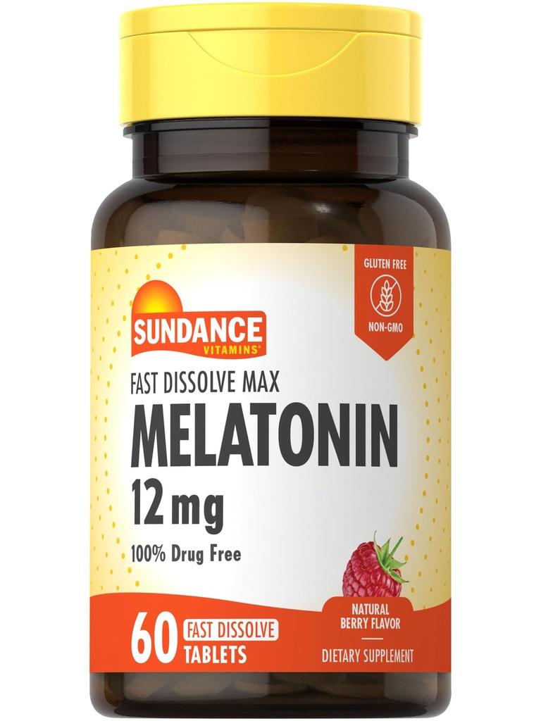 Sundance Melatonin 12mg ← 60 Fast Dissolve Tablets ← Natural Berry Flavor Ø Vegetarian, Non-GMO, y Gluten Free Supplement