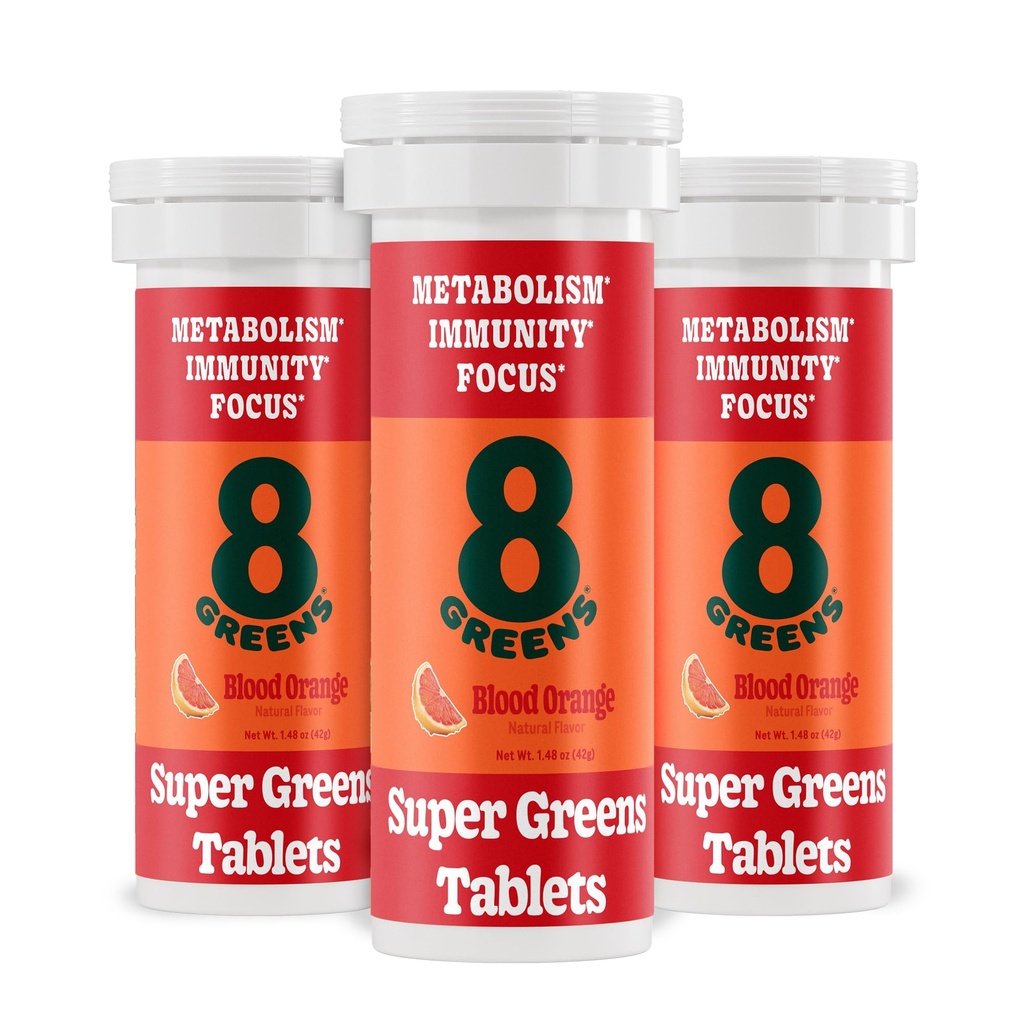 8Greens Supergreens Tablets ← Super Greens Powder Superfood Tablet, Metabolism Immunity & Focus, Daily Greens Effervescent Tablets, Organic: Aloe Vera, Spirulina, Chlorella, Blood Orange, 30 Servings