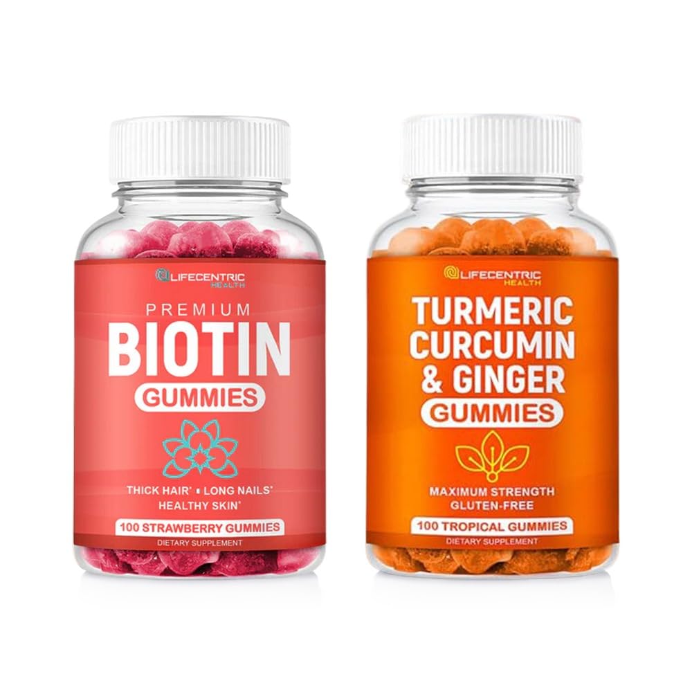 Biotina &amp; Turmeric Vegan Gummies Combo ← Crecimiento del Pelo Max Strength, Salud de la piel y Bienestar general ← 10000mcg Biotin &amp; 95% Normalizado Turmeric Curcumin ← Natural, Non-GMO y Gluten-Free Suplemento