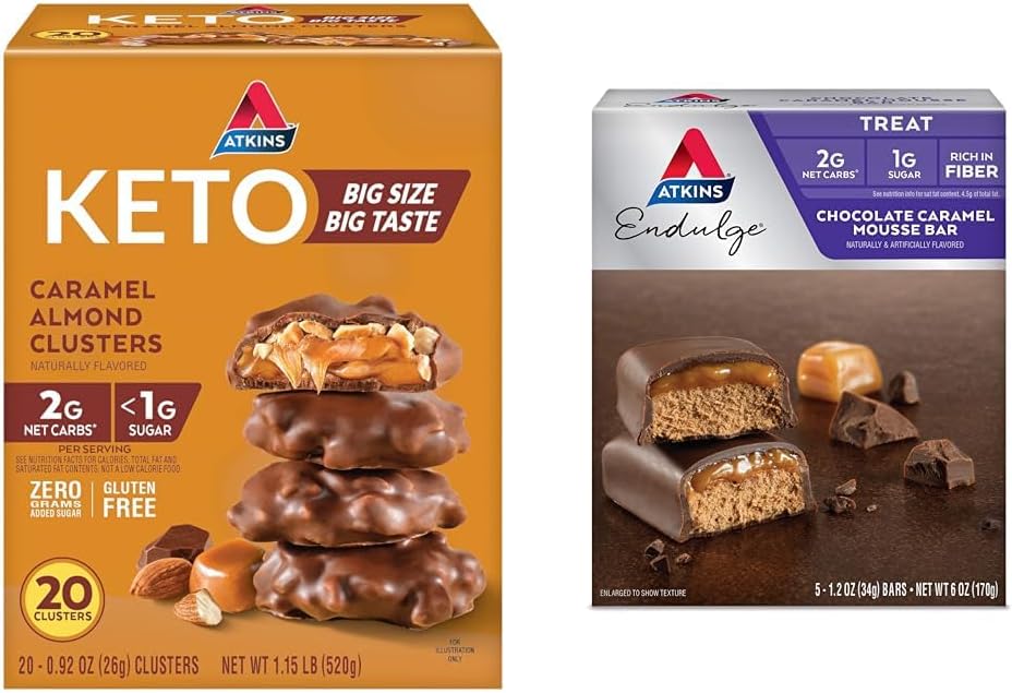 Atkins Caramel Almond Clusters, Gluten Free, High in Fiber, 1g Sugar, 2g Net Carb, Keto Friendly, 20 Conde &amp; Endulge Chocolate Caramel Mousse Bar, Dessert Favorite, 1g Sugar, High en Fiber, 5 Conde