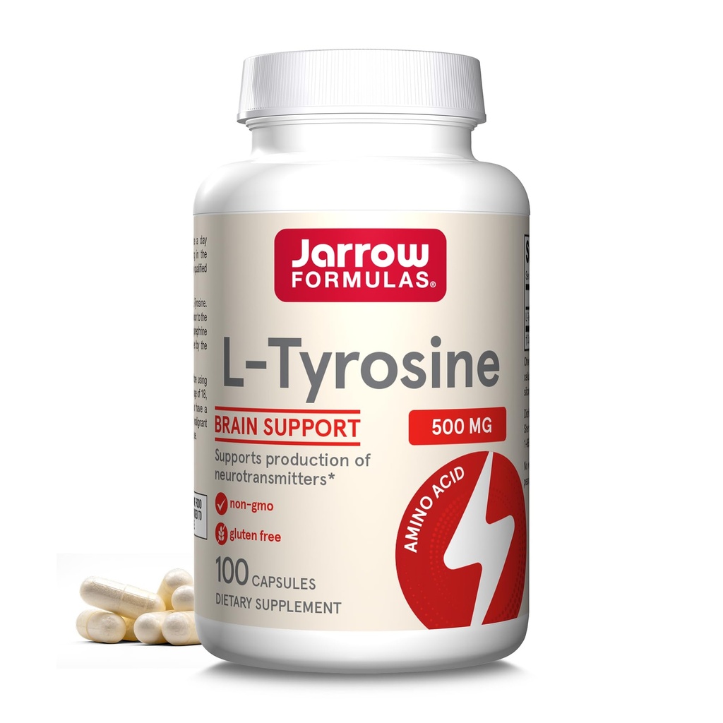 Jarrow Formulas® L-Tyrosine 500 mg, Suplemento dietético, Suplemento de Aminoácidos para el apoyo a la salud cerebral, 100 cápsulas, 100 Day Supply