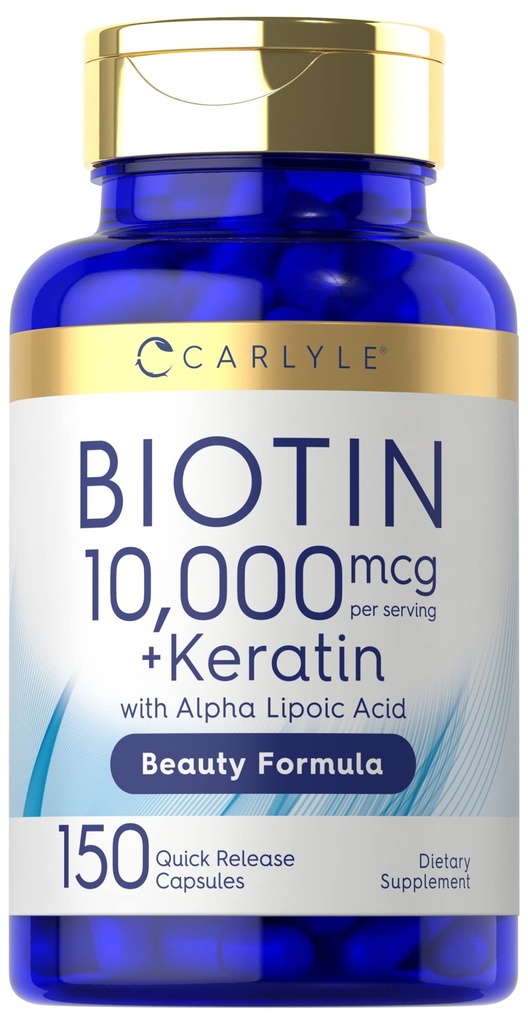 Carlyle Biotin 10000mcg ← 150 Capsules ← Belleza Fórmula con Keratin ← No GMO, Gluten Suplemento Gratis