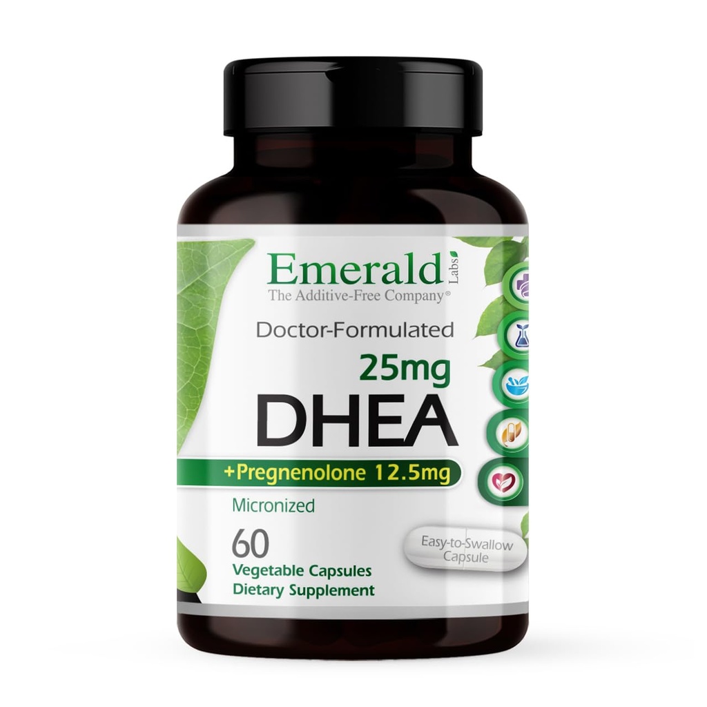 Laboratorios Esmeraldas DHEA 25mg - Apoyo Adrenal Suplemento de Ayuda Saldo hormonal* - Incluye DHEA - Sin gluten - 60 cápsulas vegetales (30-Day Supply)