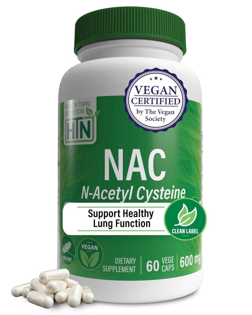 Health Thru Nutrition NAC N-Acetyl-Cysteine 600mg 60 Capsules  Vegan Certified ← Purest NAC Supplement  Support Healthy Lung, Liver Functions " Cellular Health ← Non-GMO Soy " Gluten Free