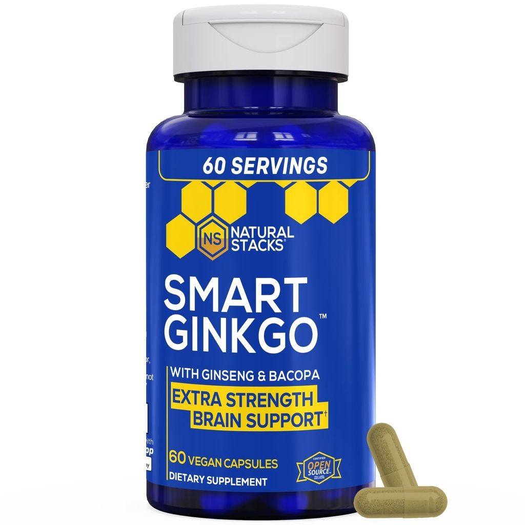 NATURAL STACKS Ginkgo Biloba Suplemento con 200 mg Panax Ginseng & 200mg Bacopa Monnieri - Suplementos cerebrales para la memoria y el foco - Korean Ginseng for Brain Health Support - 60 Ginkgo Biloba Capsules