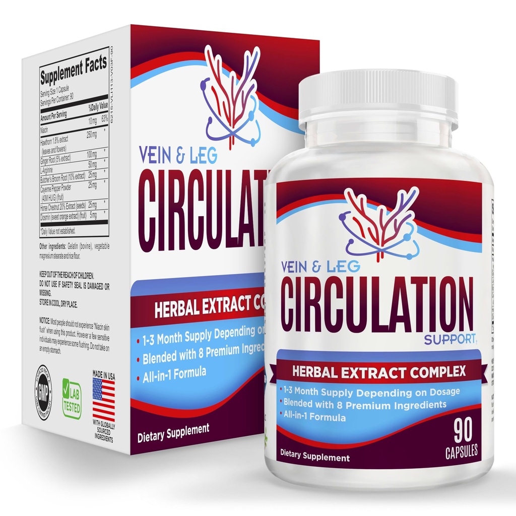 Vein &amp; Leg Circulation Supplement (All-in-1) Health Support with 8 Active Ingredients ¦ Blood Circulation Booster Fórmula ← Leg &amp; Vein Supplements TEN 1-Month Supply ← 90 Capsules
