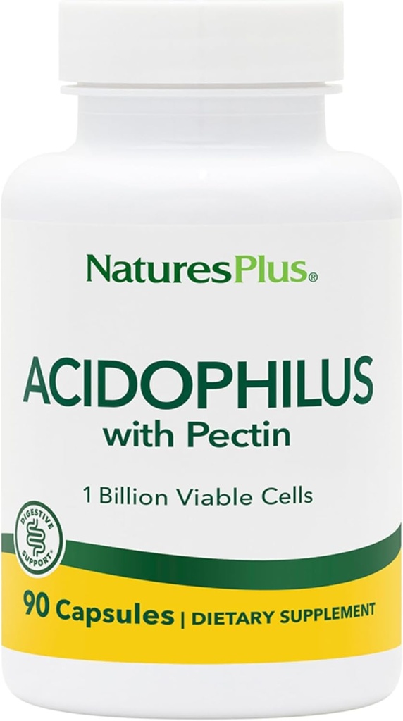 Natures Plus Acidophilus con Pectina - 90 cápsulas - Suplemento probiótico con 1 billón de células viables " Pectina - Vegan, Gluten Gratis - 90 piezas