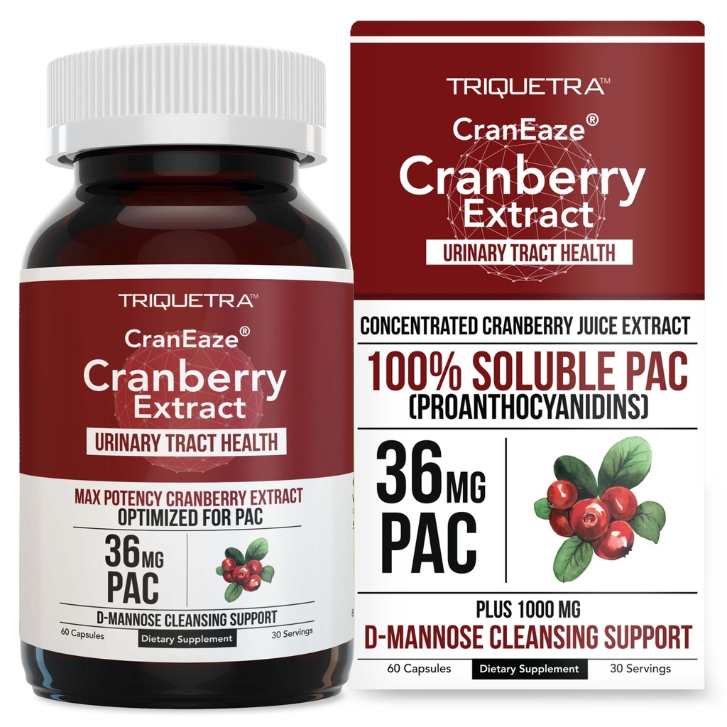CranEaze®: Cranberry Juice Extract Plus D-Mannose – 36 mg PAC, 100% Soluble PAC - Apoyo a la salud de la tradición urinaria – más eficaz píldoras de arándano para mujeres, UTI Suplemento de arándano - 60 cápsulas