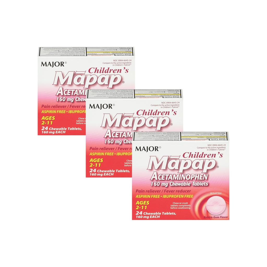 MAJOR Niños Mapap Acetaminophen 160 mg Tablas Chewable - Alimentador de Dolor/Reductor de Nevera - Aspirina Gratis - Ibuprofeno Gratis - para Edades 2 a 11-24 Conde (3 Pack)