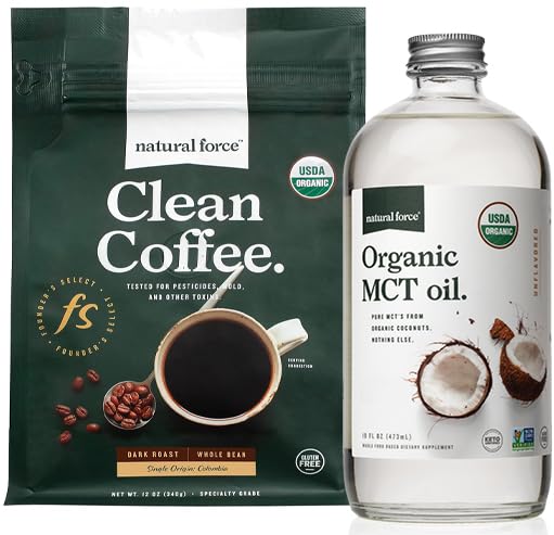 Natural Force Organic Dark Roast Clean Coffee + Organic MCT Oil Bundle – 100% Pure Coconut MCTs & Mold & Mycotoxin Free Coffee – Non-GMO, Keto, Paleo y Vegan - 12 Oz y 16 Oz