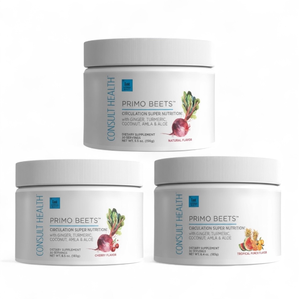 Consult Health Primo Beets Beet Root Powder Drink Mix with Nitrates, Daily Circulation Support with Ginger and Turmeric, 3 Pack of Flavors, Cherry, Blueberry and Strawberry Lemonade 6.5 oz