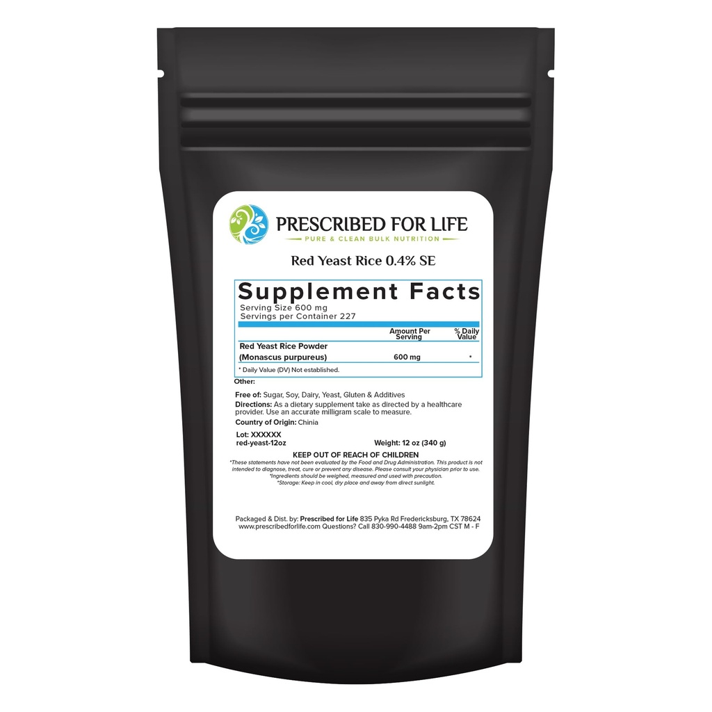 Prescrito para la vida Red Yeast Rice Powder, Red Yeast Rice Suplemento para apoyar la salud, Vegan, Gluten Gratis, No GMO, Monascus purpureus (12oz / 340g)