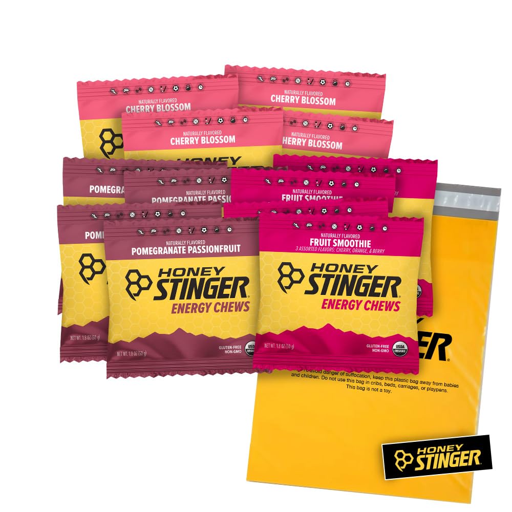 Honey Stinger Organic Energy Chews – Variety Pack – 12 Cuenta – 4 de cada sabor – Chewy Gummy Energy Source – Cherry Blossom, Fruit Smoothie & Pomegranate Passionfrut – Plus Sticker and Polybag