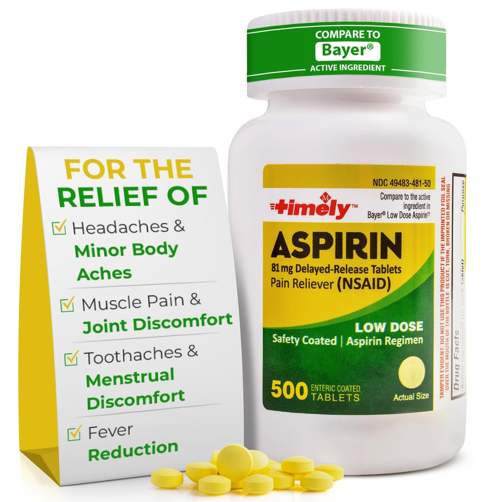 Aspirina de baja dosis oportuna 81mg para adultos - Dolor para dolores menores &amp; Reductor de fiebre - Comparado con el Ingrediente Activo en Bayer - Aspirina Enteric de baja resistencia - 500 Tabletas