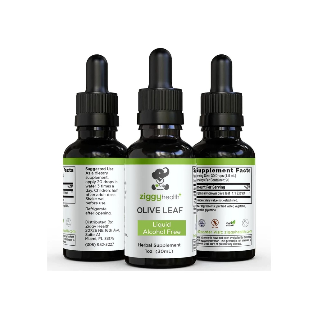 Extracto de la hoja de oliva Tintura líquida - Suplemento dietético sin alcohol - Fuerza extra - Cardiovascular y Asistencia sanitaria general - Vegan - 1 oz por Ziggy Health