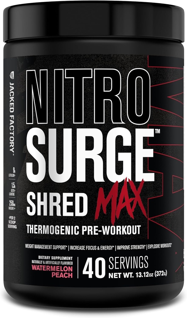 Gato de fábrica Nitrosurge Shred Max Preworkout - High-Performance Thermogenic Pre Workout Powder para hombres y mujeres - L Citrulline, Acetyl L Carnitine, Organic Caffeine - 40 Servings, Watermelon Peach