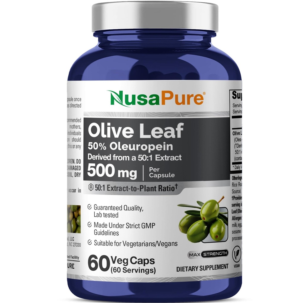 NusaPure Hoja de Oliva 50:1 Extracto, 500 mg Equivalente a 25.000 mg - 50% Oleuropeina Vegan/Vegetariano - Super Fuerza Sin Petróleo 60 cápsulas