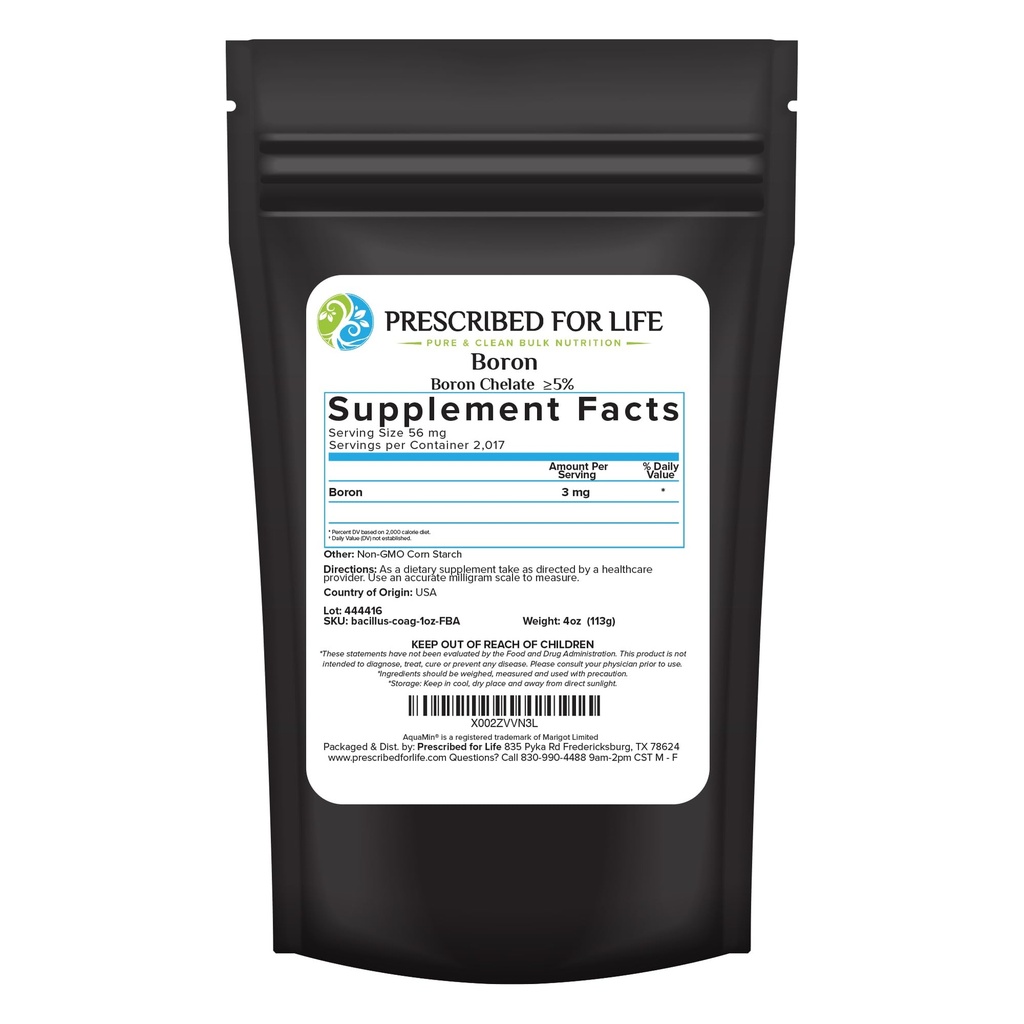 Prescrito para el Aguila de Borón de Vida 5% Polvo, Suplemento Natural de Borón para Hombres y Mujeres, Gluten Free, Vegan, No GMO (113g)