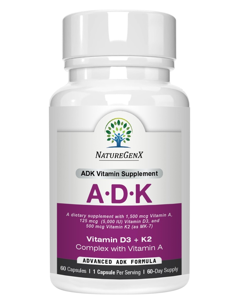 Suplemento de vitaminas de ADK 5000 UI - Vitaminas de alta potencia A, D3, y K2 para la salud ósea y la absorción de calcio TENIDO Gluten-Free Vitamina ADK Suplemento, 60 Day Supply, 60 cápsulas