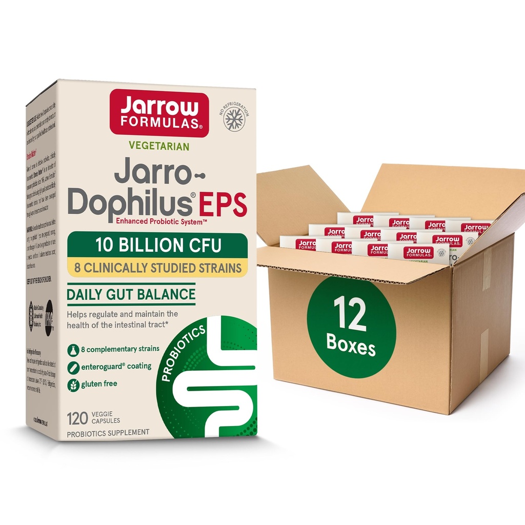 Jarrow Formulas Jarro-Dophilus EPS Probióticos 10 Billones CFU para el apoyo intestinal, Suplemento Probiótico para la Salud Gut para Mujeres y Hombres, 120 cápsulas vegetarianas, hasta un suministro de 60 días,Pack de 12