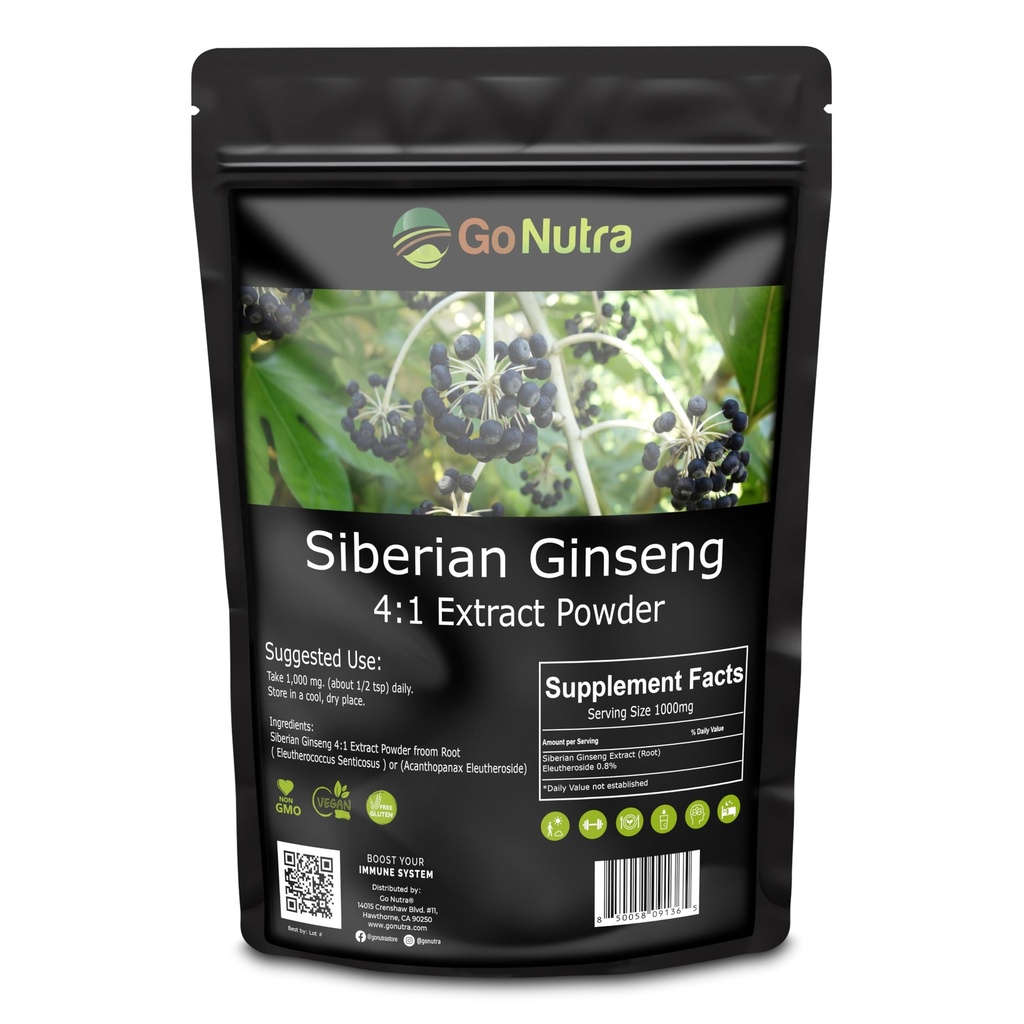 Go Nutra Siberian Ginseng - Eleuthero Root Powder TENIDO 4:1 Extracto 4X Times Stronger ← Apoya Energía " Stamina TEN Natural " Eleutherococcus Senticosus Silencio Non-GMO Silencio 4 Ounce