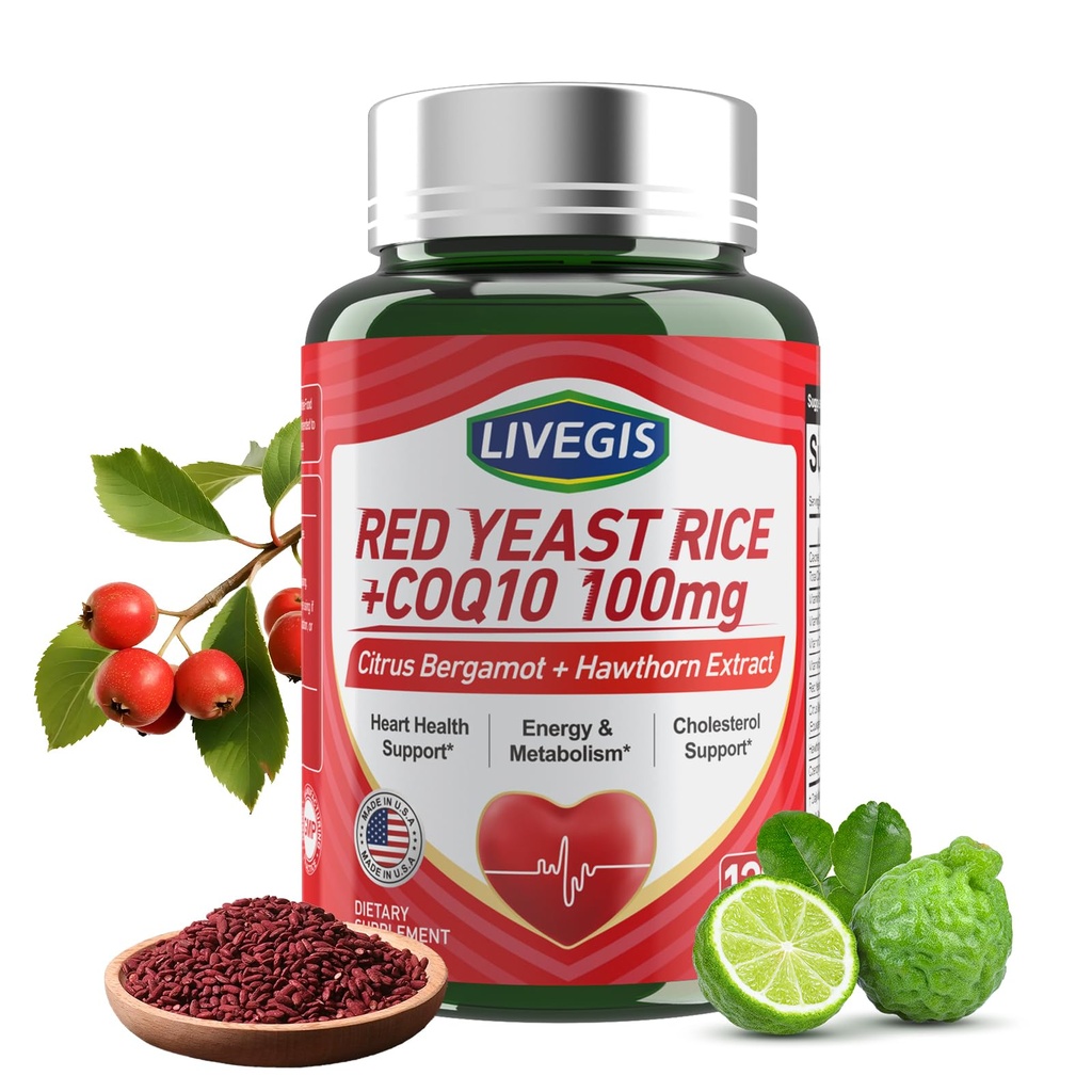 Rice de levadura roja 2000mg con CoQ10 100mg - Citrinin Suplemento de salud del corazón libre con Citrus Bergamot & Hawthorn - Apoyos Niveles de colesterol saludables - Vegan, Capsules no GMO 120 Condes