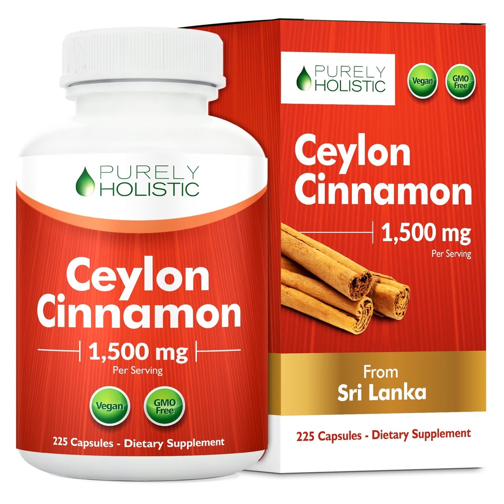 Puramente Holistic Ceylon Cinnamon Capsules 1500mg, 225 Vegan Cinnamon Capsules, 75 Day Supply (25% Más Servings), True Sri Lankan Ceylon Cinnamon Suplemento