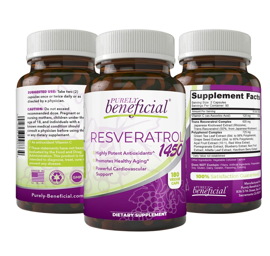 RESVERATROL 1450-90day Supply, 1450mg por Serving of Potent Antioxidants " Trans-Resveratrol, Promueve Anti-Aging, Cardiovascular Support, Maximum Benefits(1bottle)