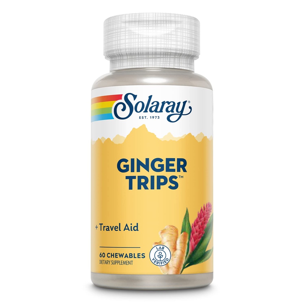 SOLARAY Viajes de jengibre Ayuda de viaje TENIDO Extracto TENIDO Apoyo Digestivo saludable w/Honey, Stevia &amp; Molasses TEN 60 Chewables