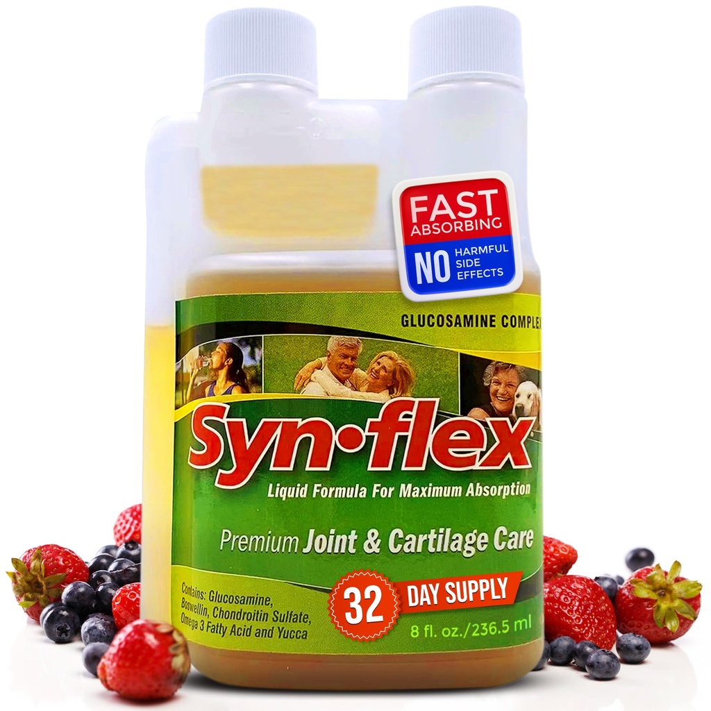 Synflex Liquid Glucosamine Original Fórmula - Condroitina, Vitaminas, Minerales - Suplemento de Bebida para Hombres &amp; Mujeres, ayuda a la salud conjunta de cartílago - Berry Flavor, 32 Day Supply
