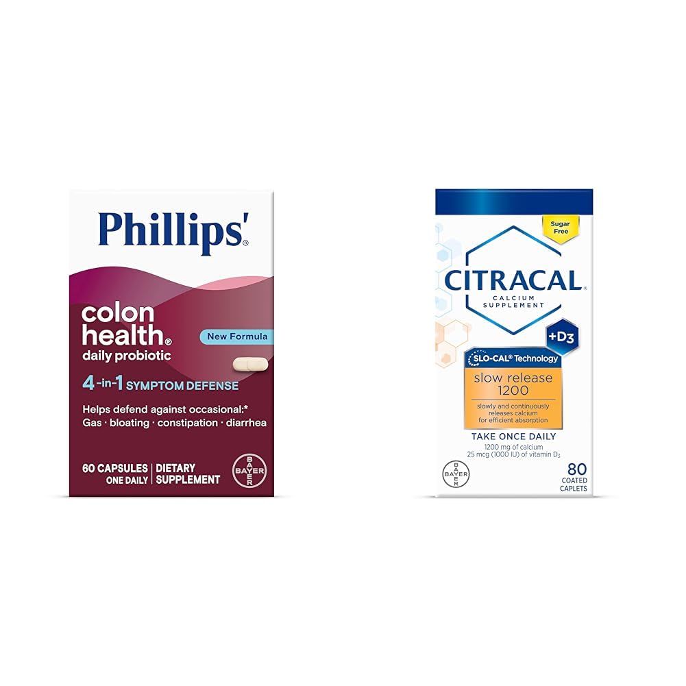 Philips' Colon Health Daily Probiotic Capsules, 4-in-1 Symptom Defense & Citracal Slow Release 1200, 1200 mg Calcium Citrate y Calcium Carbonate Blend