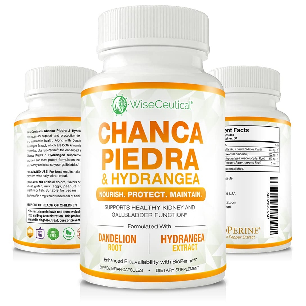 Max Strength Chanca Piedra, Hydrangea & Dandelion Root - Natural Kidney & Gallbladder Formula - Stone Breaker, Flush Impurities, Cleanse Urinary Tract - Mejorado con BioPerine. 60 cápsulas de verduras.
