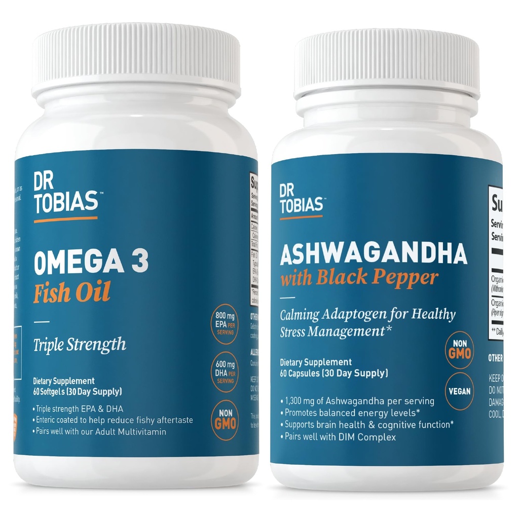 Dr. Tobias Omega 3 Fish Oil and Ashwagandha Capsules, Support General Wellness & Balanced Energy ' Resilience, Non-GMO